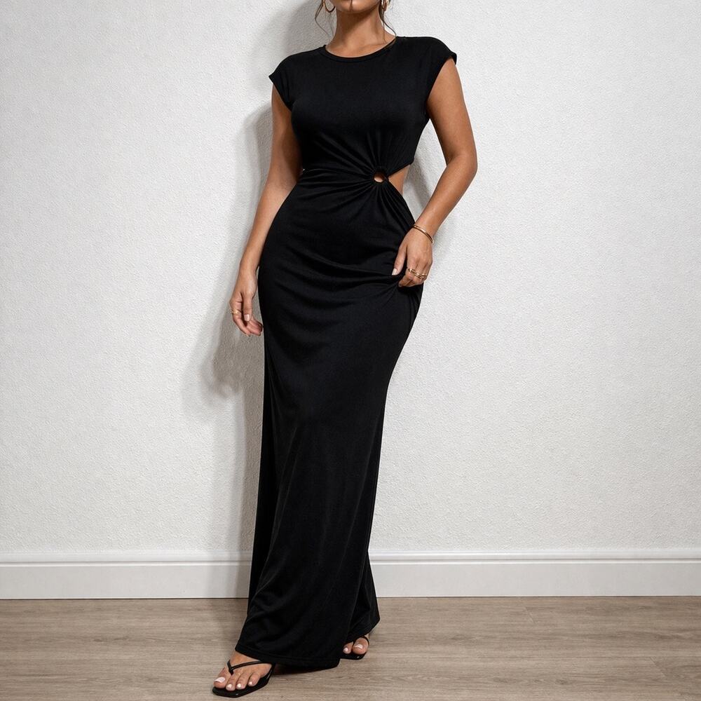 Shein Black Side Cut Out Cap Sleeve Maxi Dress Sz S
